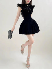 Ruffle Sleeve High Neck Velvet Black Mini Dress