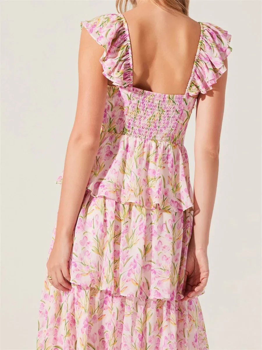 Floral Print Multi-Layered Tiered Ruffles Maxi Dress