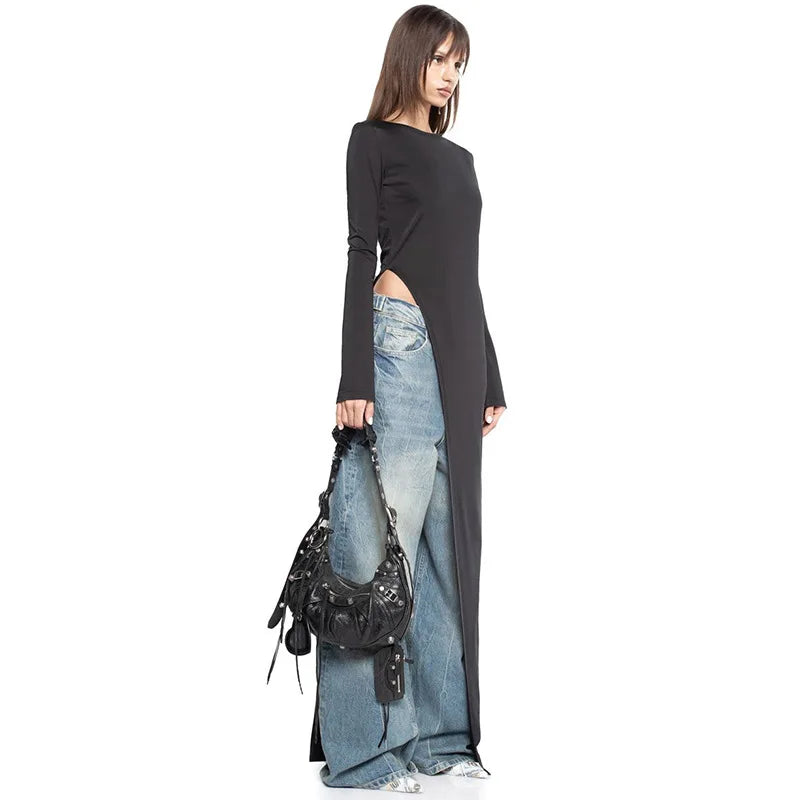 Black Asymmetrical Long Sleeve High Slit Top