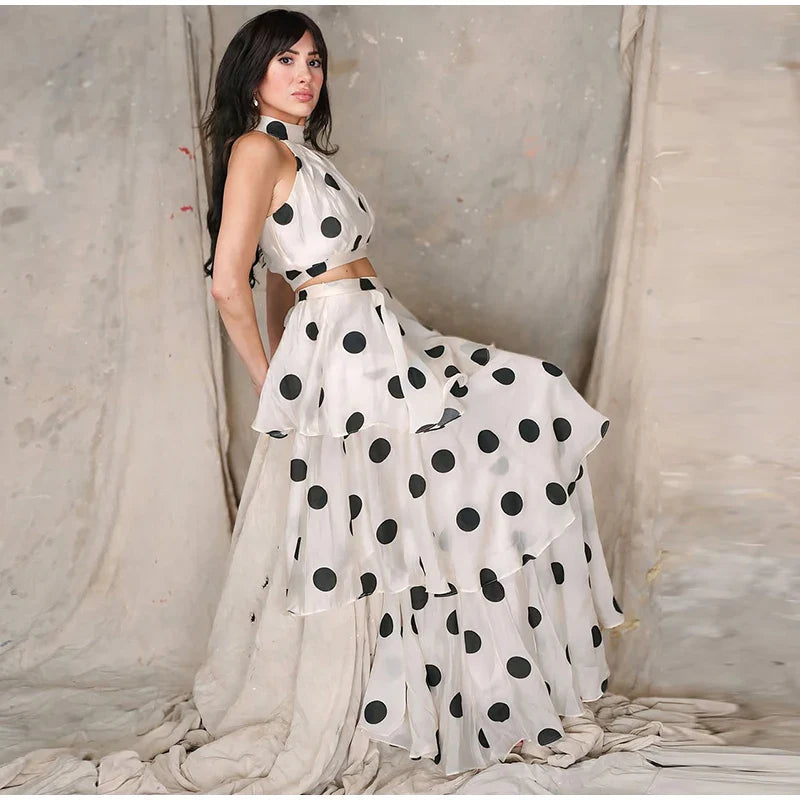 Sleeveless Polka Dot Crop Top And  Multi-Layer Ruffles Skirt Set