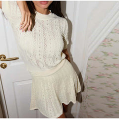 O-neck Knitted  Short Sleeve Top And Mini Skirt Set