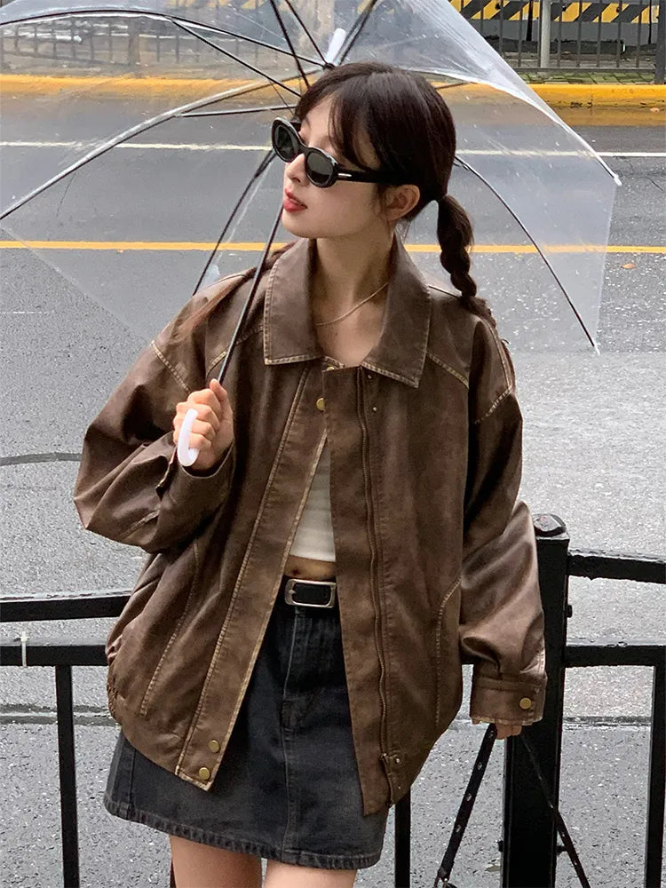 Faux Leather Zipper Over-shirt Jacket