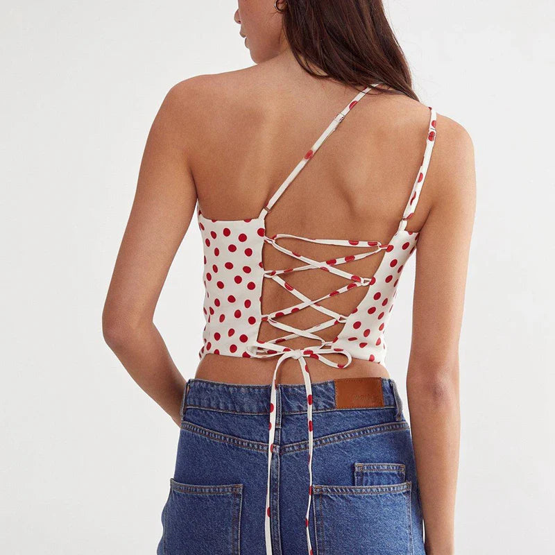 Irregular Hem Polka Dot One Shoulder Backless Tie Up Top