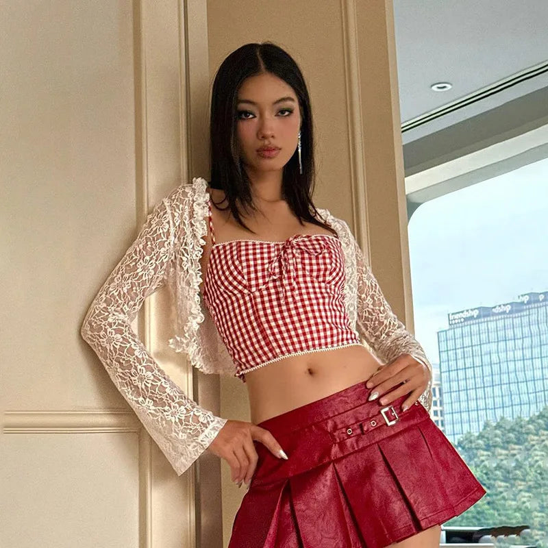 Red Plaid Print Camisole Bustier Top