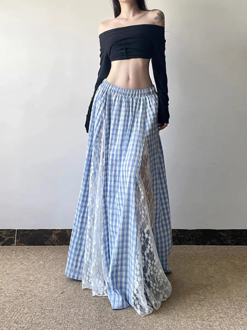 Blue Lace Patchwork Plaid Long Skirt