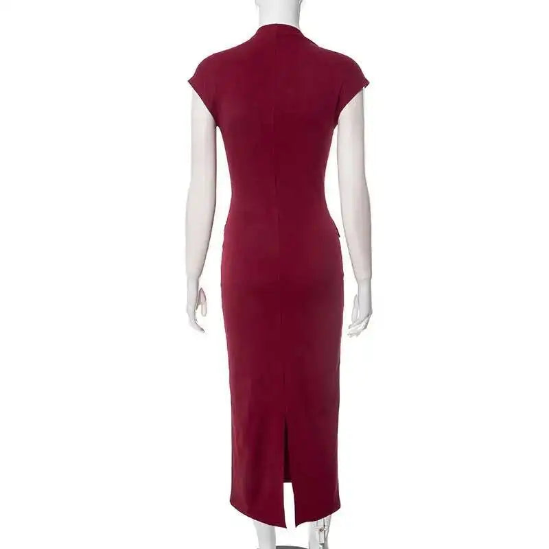 Deep Neck Short Sleeve Solid Midi Dress