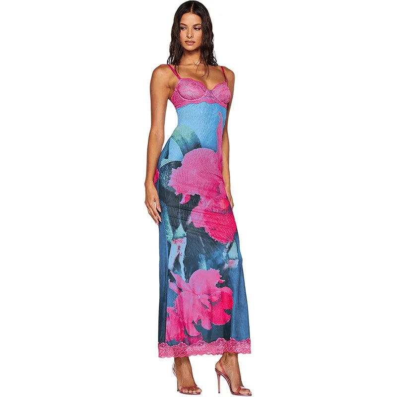 Printed Pink Lace Cami Maxi Dress