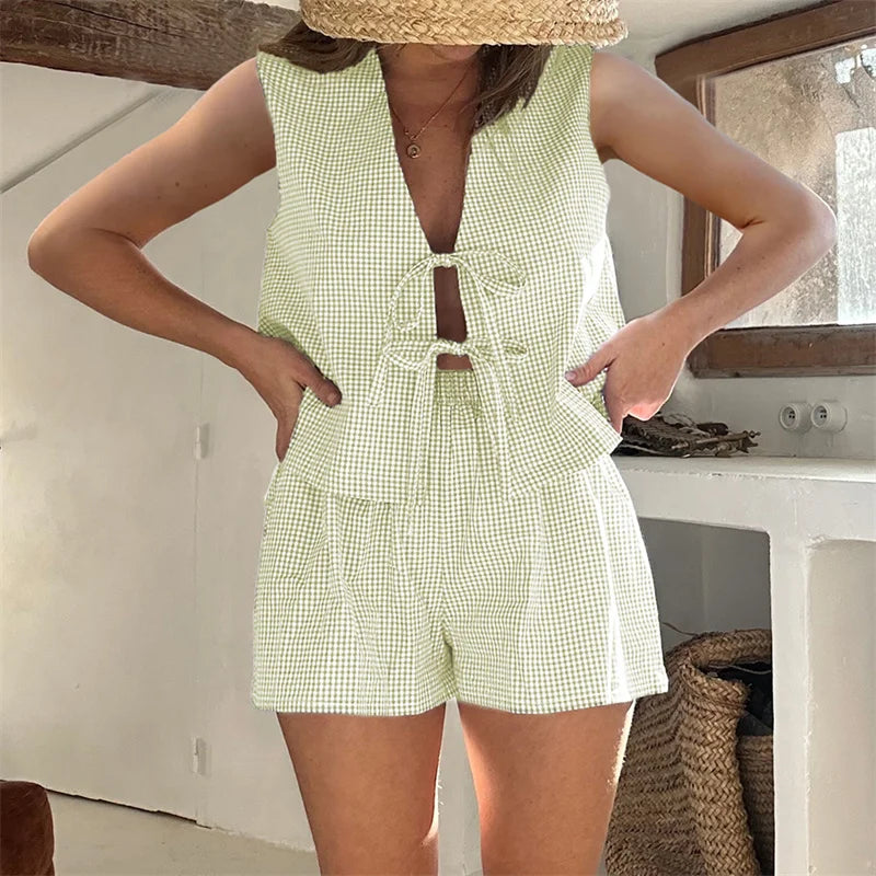 Plaid Tie Up Top And Shorts Set