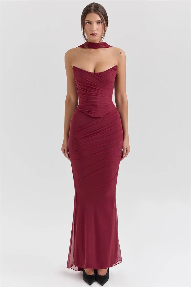 Corset And Bodycon Maxi Skirt With Neckerchief Set