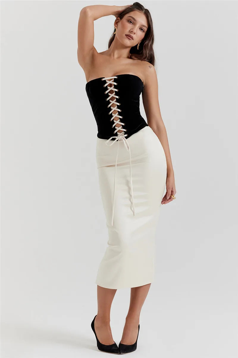 Black Lace Up Tube Top And White Satin Midi Skirt Set