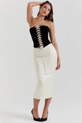 Black Lace Up Tube Top And White Satin Midi Skirt Set