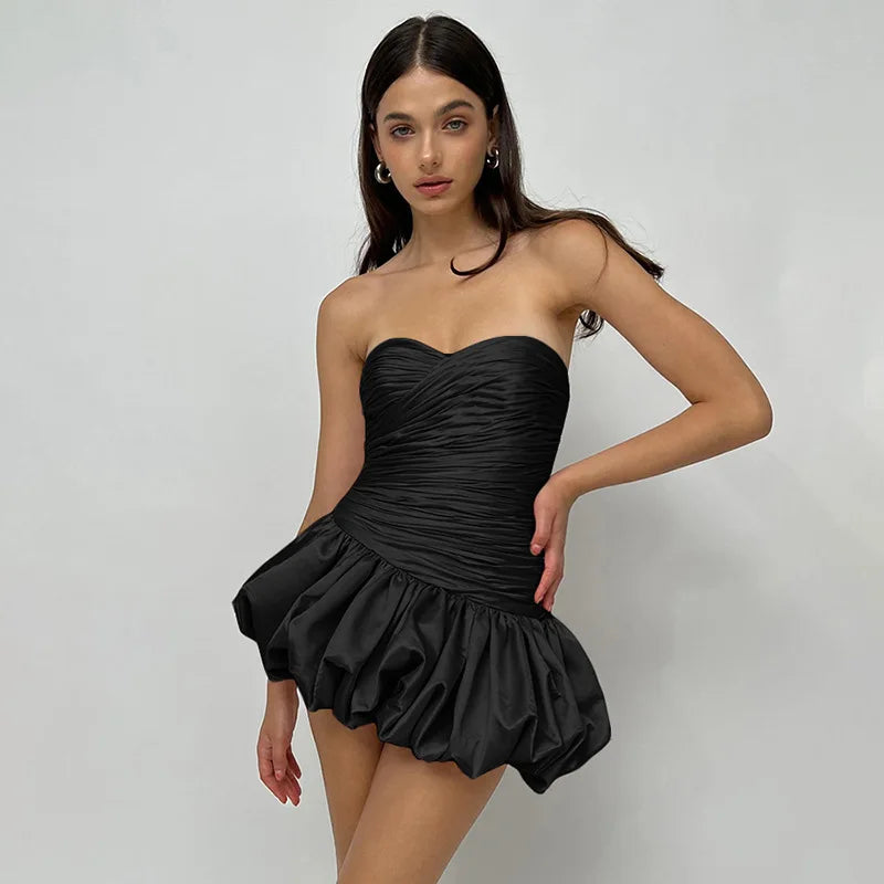 Satin Ruched Puff Mini Dress