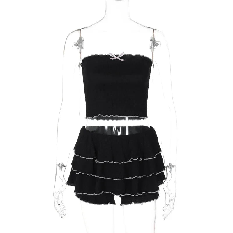 Black Bow Crop Top Ruffled Mini Skirt Set