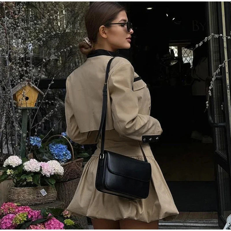 Crop Jacket And Puff Buttoned Mink Skirt Contrast Set