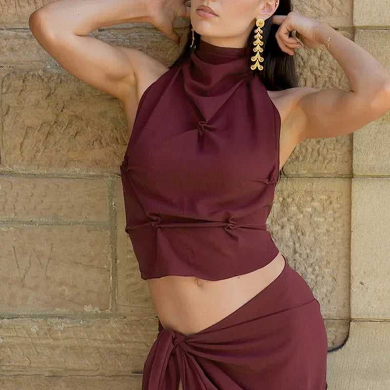 Halter Pinched Ruched Open Back Top