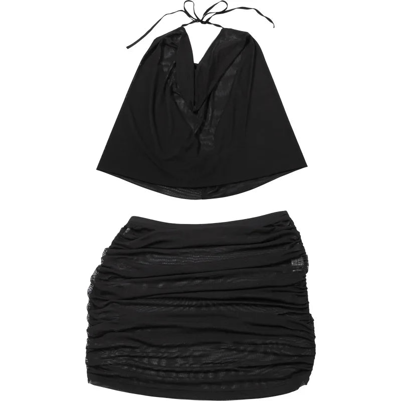 Mesh Cowl Deep Neck Halter Top and Mini Skirt Set
