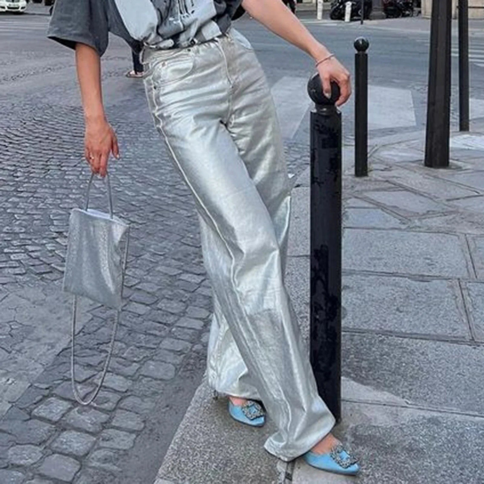Metallic High Waist Denim Straight Leg Pants