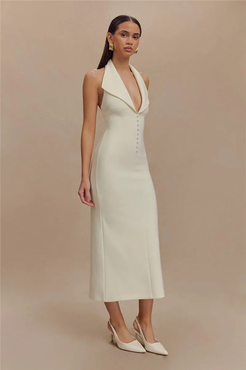 Deep Neck Large Collar Buttoned Halter Midi Dress