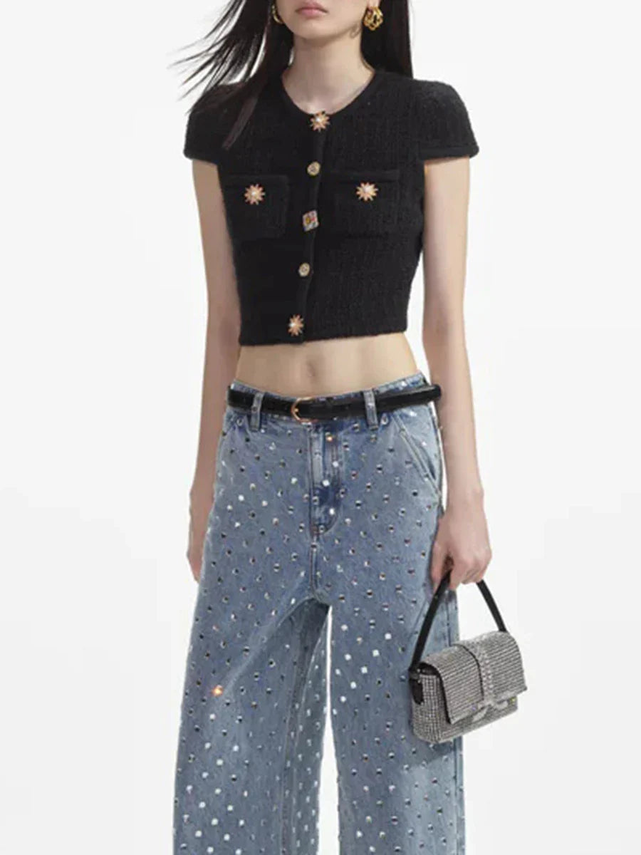 Knit Brooch Short Sleeve Top And Mini Skirt