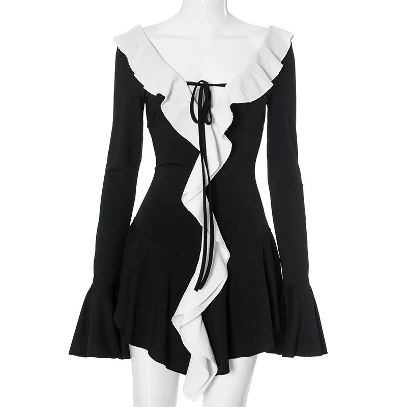 Black Long Sleeve White Ruffles Mini Dress