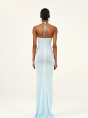 Blue Halter Neck 3D Flower Bodycon Long Dress