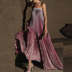 Pink Sleeveless Gradient Pleated Long Dress