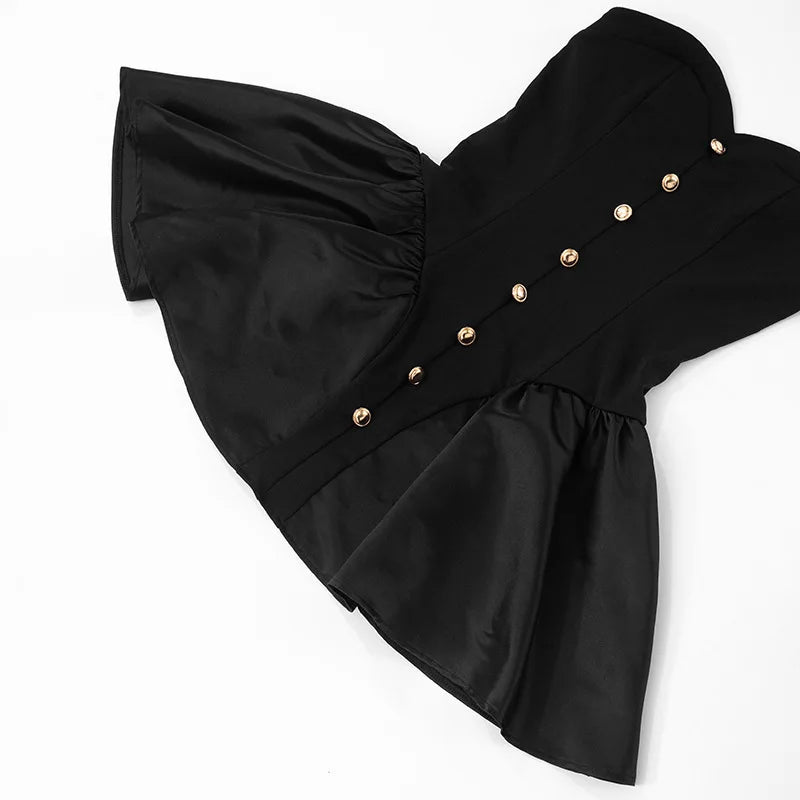 Black Flare Gold Buttoned Strapless Mini Dress