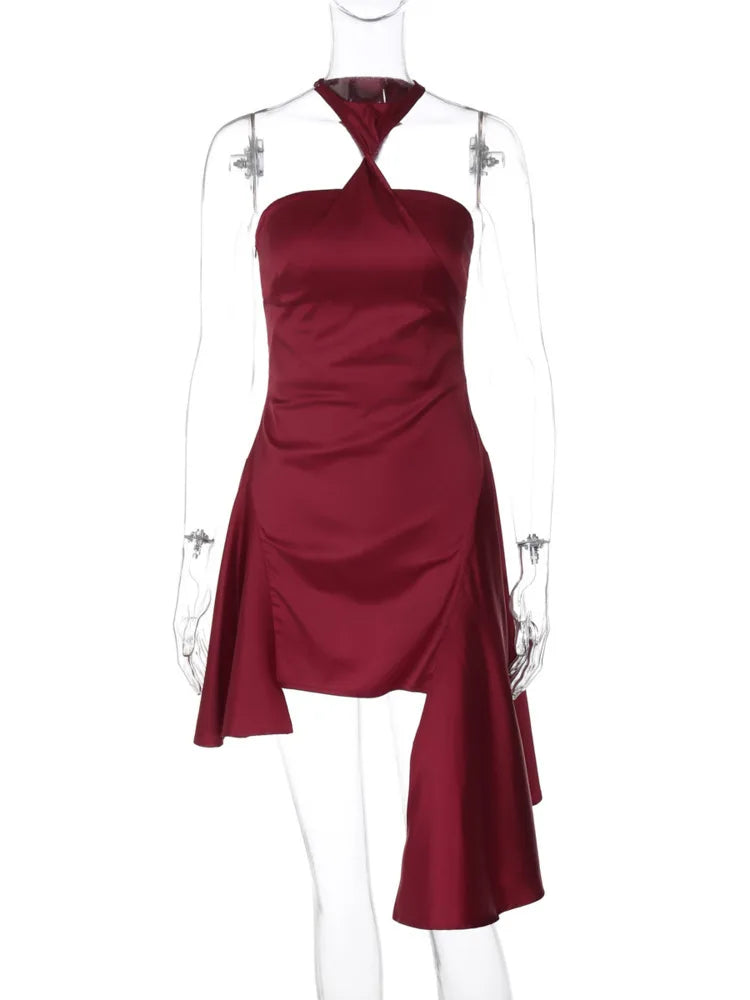Burgundy Twisted Halter Satin Frill Mini Dress