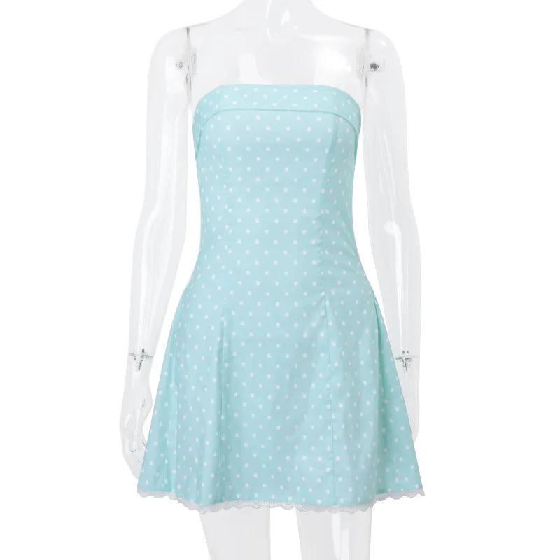 Blue Strapless Polka Dot Mini Dress
