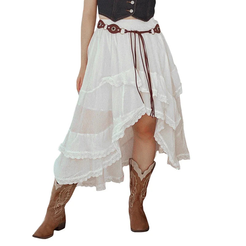 Ruffle Layered Lace Trim Maxi Skirt