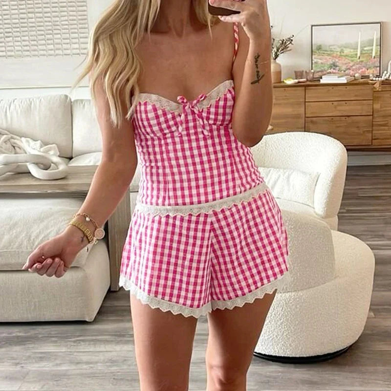 Plaid Lace Trim Bustier Crop Top And Shorts Set