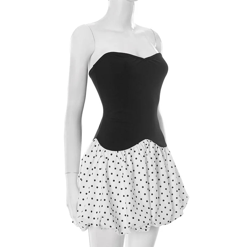 Black Patchwork Polka Dot Frill Mini Dress