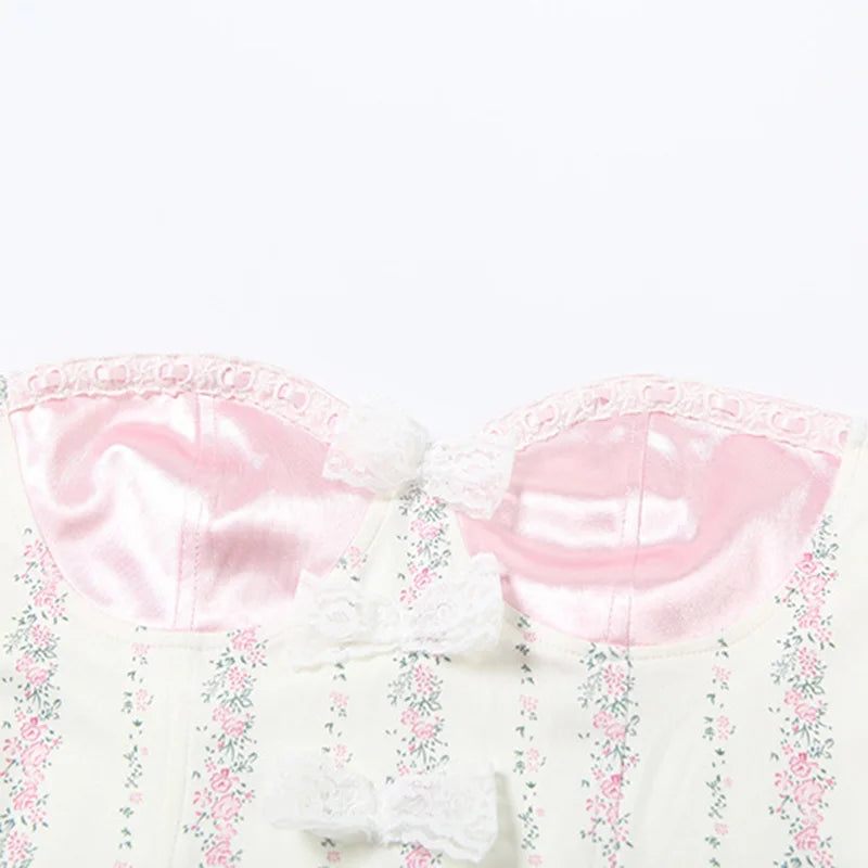 Strapless Lace Trim Pink Print Patchwork Corset Top