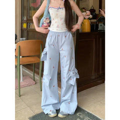 Bows Bear Printed Wide Leg Elastic Cargo Pants