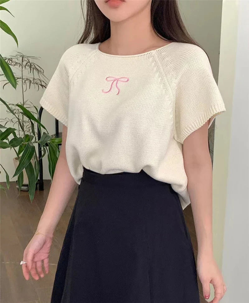 Round Neck Bow Print Short Sleeved Knitted Top