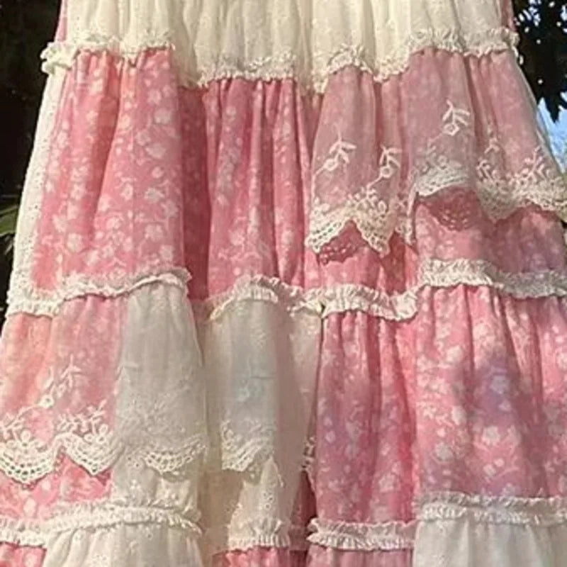 Pink Floral Lace Maxi Skirt - Y2K Loose Fit