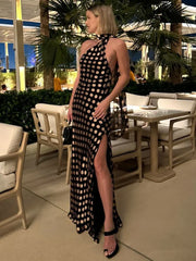 Black Polka Dot Halter Drape Midi Dress