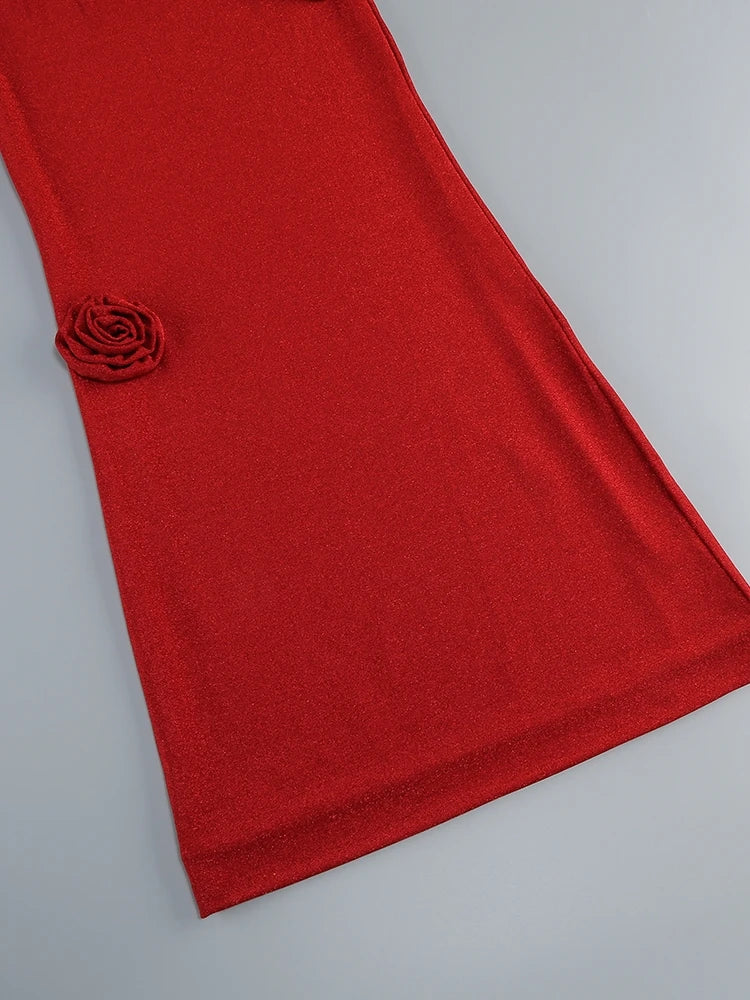 Red Flower 3d Tube Top And Maxi Skirt Two Piece Set