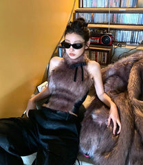 Faux Fur High Collar Sleeveless Camisole Tank Top