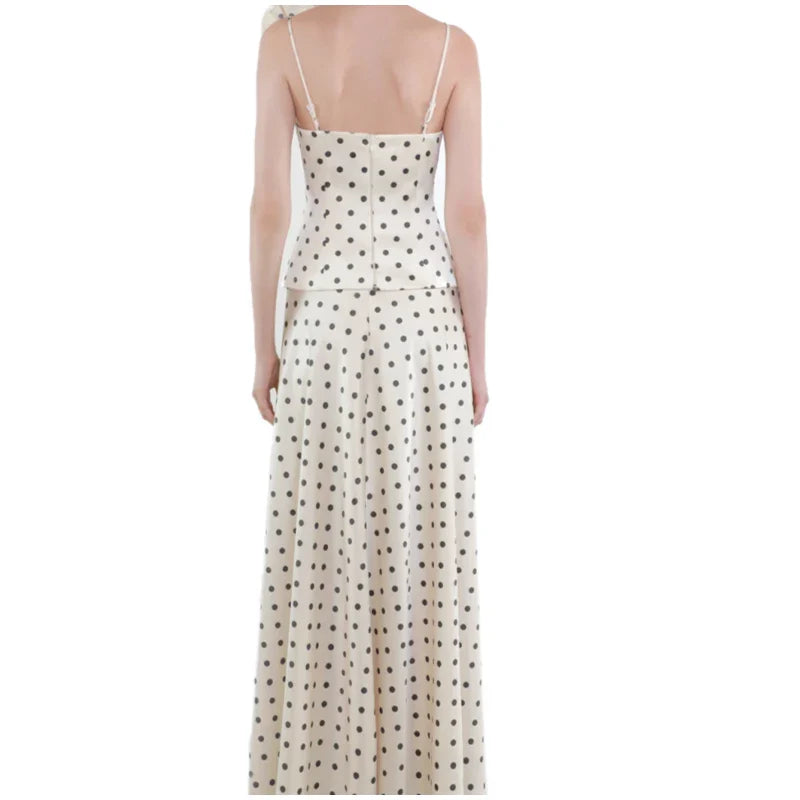White Polka Dot Sling Top And Long Skirt Set