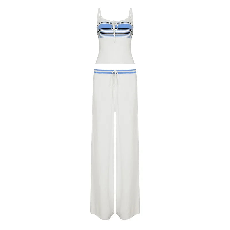 White Contrast Stripes Knitted Cami Top And Pants Set