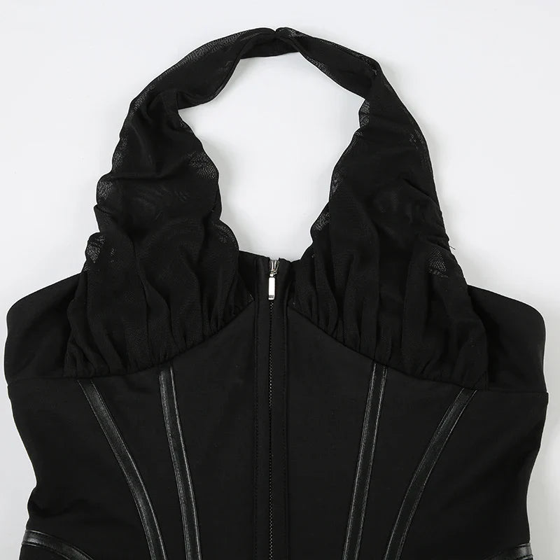 Black Mesh Halter Corset Top - Structured Streetwear Style