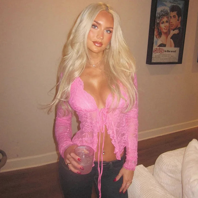 Lace Sheer Front Tie Up Top