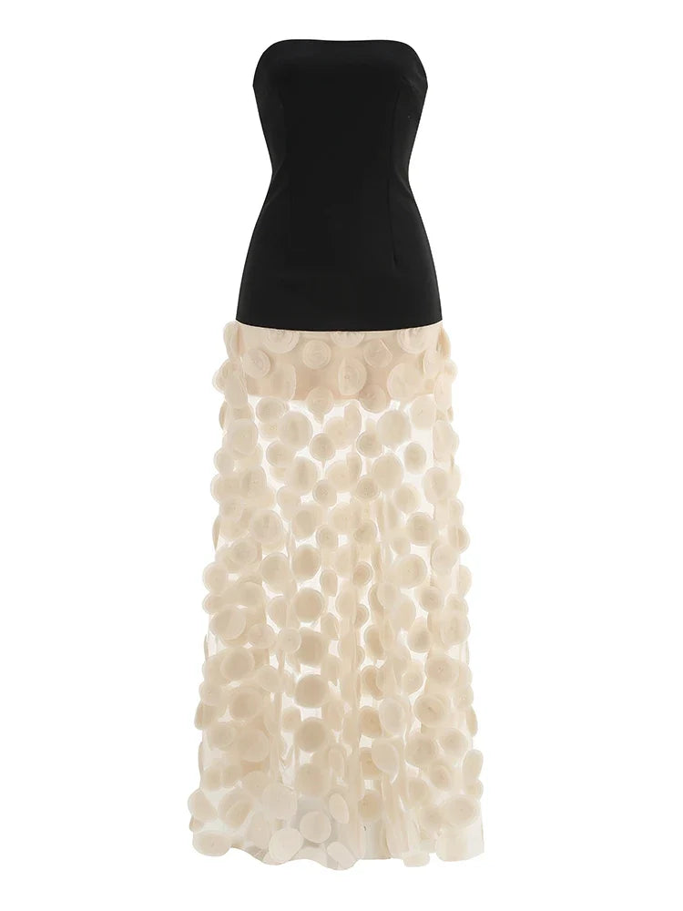 Black Strapless Dot Mesh Long Dress â€?A-Line Empire Waist