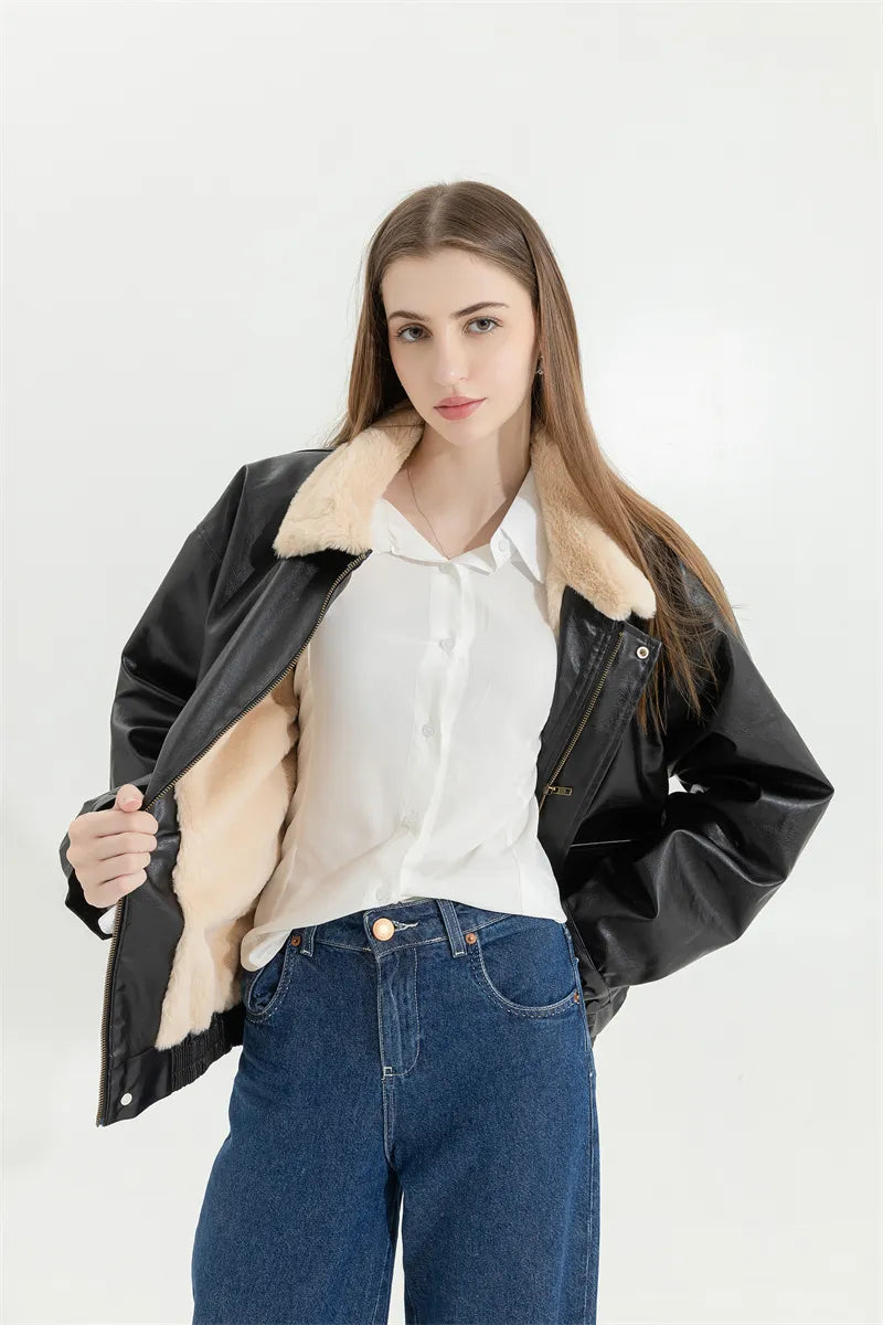 Faux Leather Lining Bomber Jacket