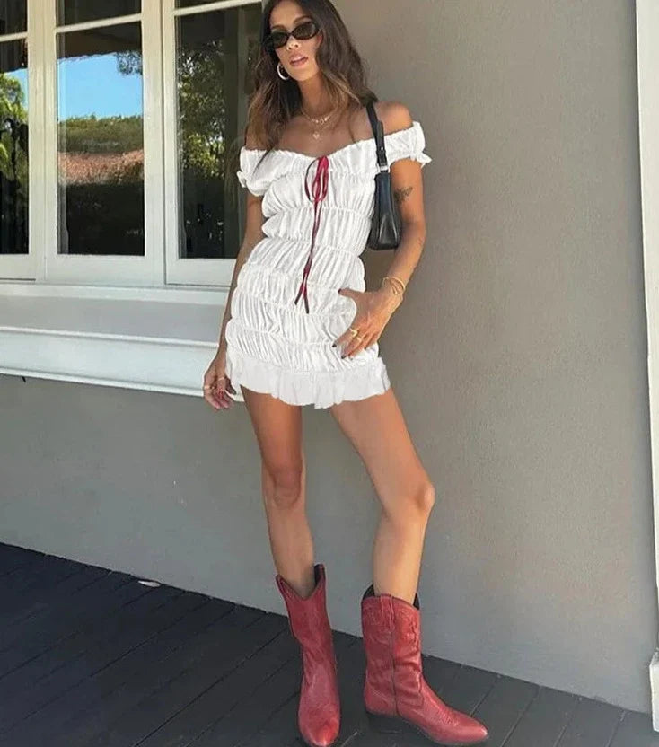 Ruched Drawstring Short Sleeve Mini Dress