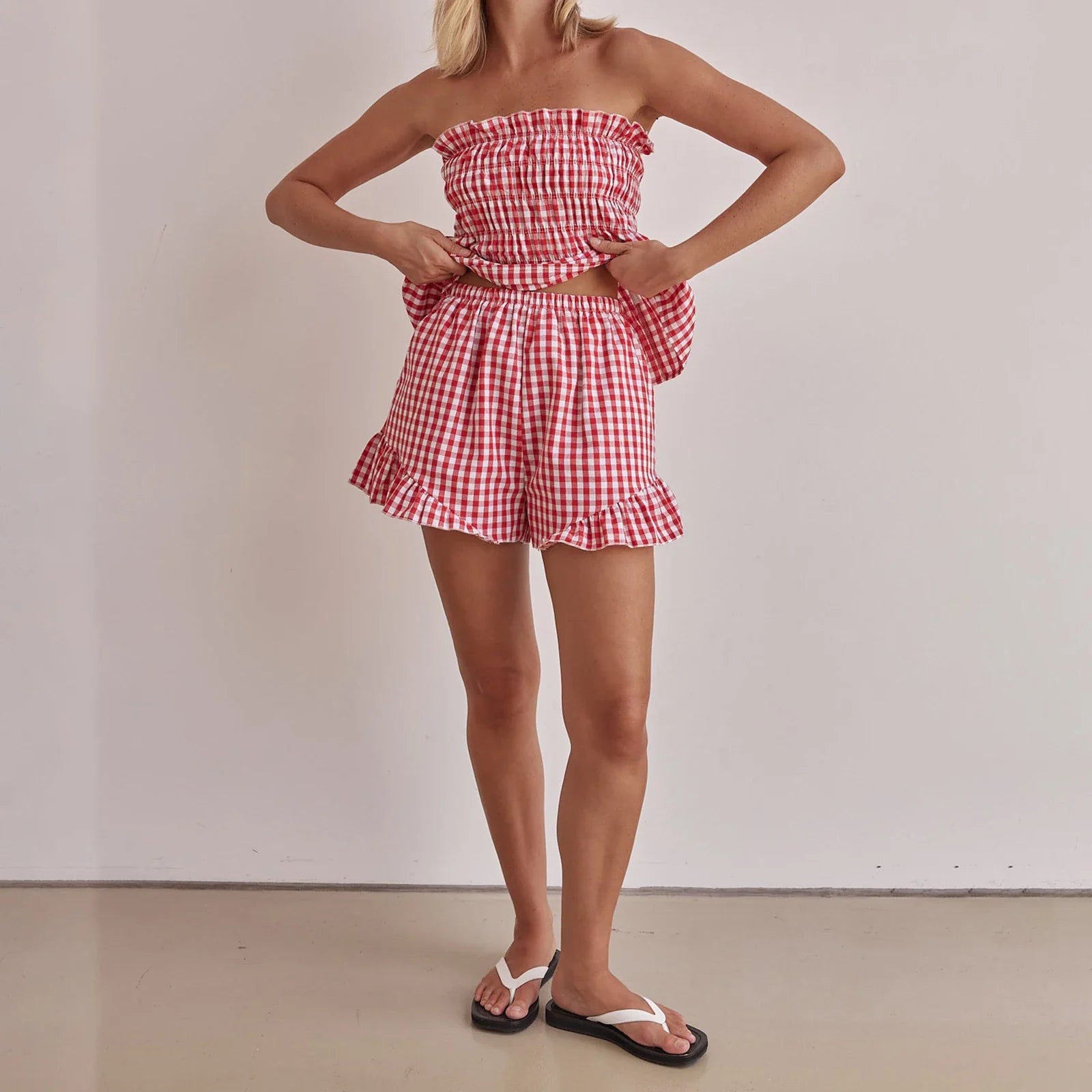 Red Plaid Smocked Babydoll Bandeau Top + Elastic Ruffled Hem Wide Leg Shorts Set