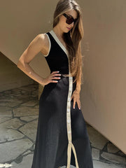 Strapless Contrast Stripe V-neck Midi Dress