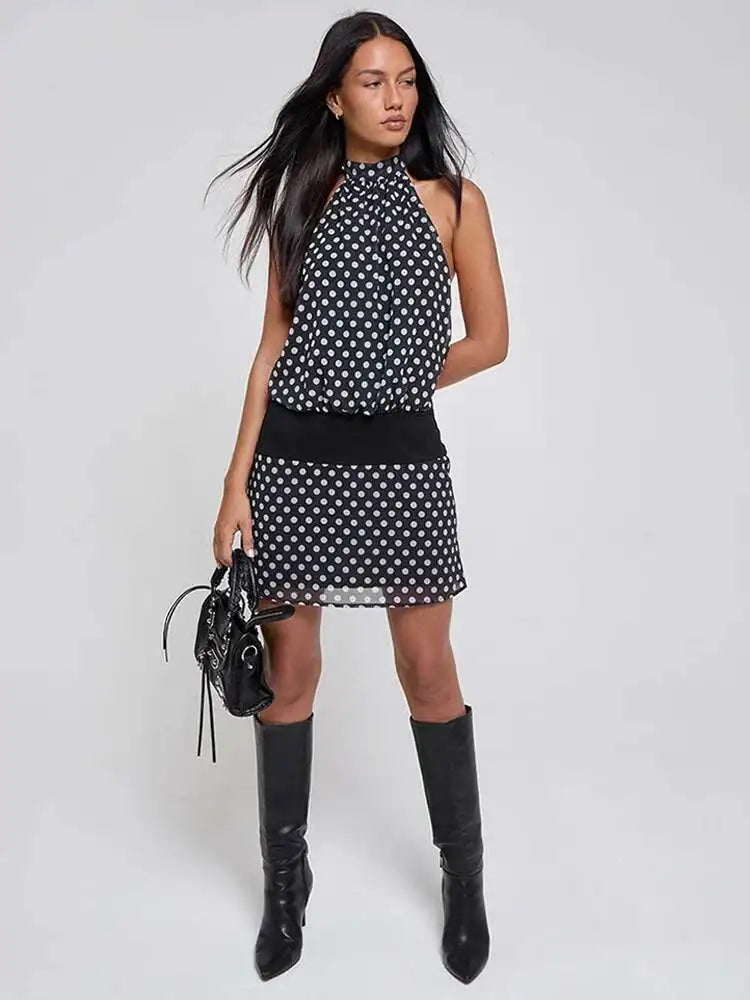 Black Polka Dot Mini Dress â€?Open Back Tie Up Halter