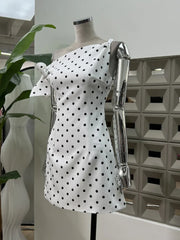 White Polka Dot Tie Up One Shoulder Mini Dress